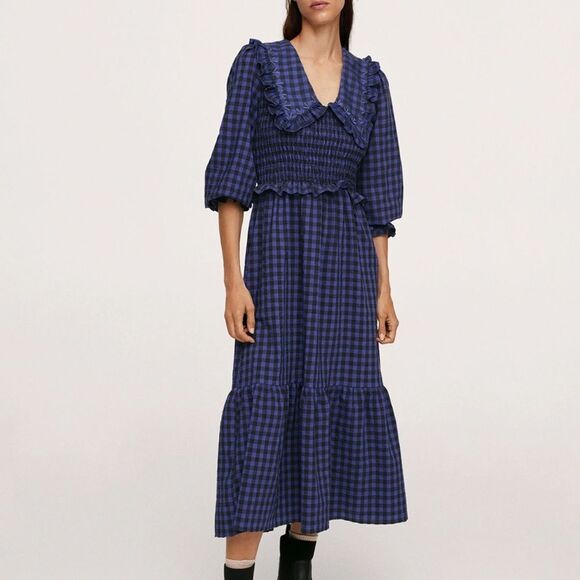 MANGO Blue & Black Checked Tiered Midi A-Line Dress Size US 2 - Picture 1 of 9